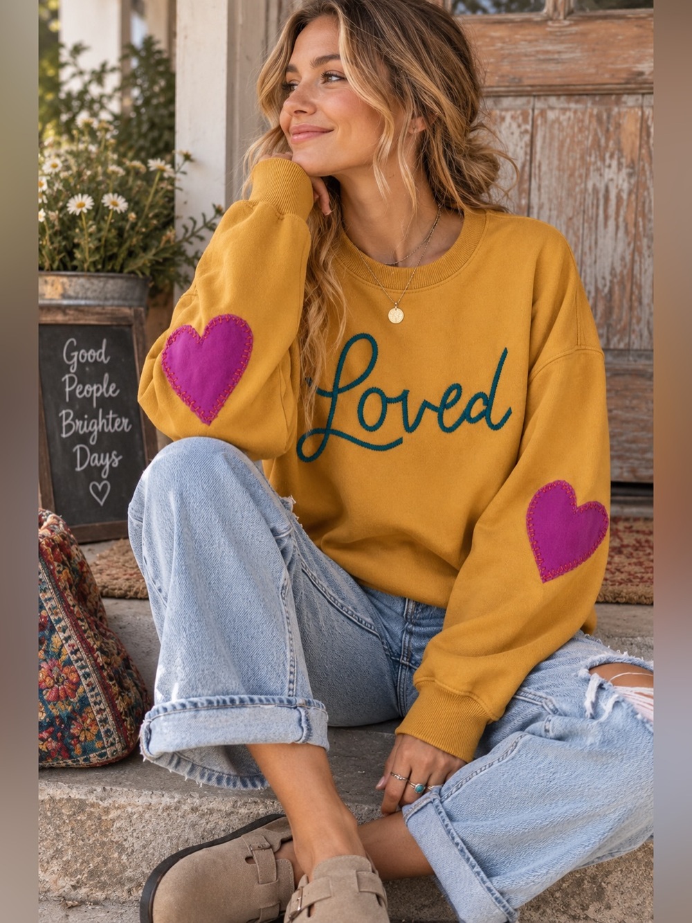 Natural Life Heart On Your Sleeve Loved Embroidered Oversized Sweatshirt
